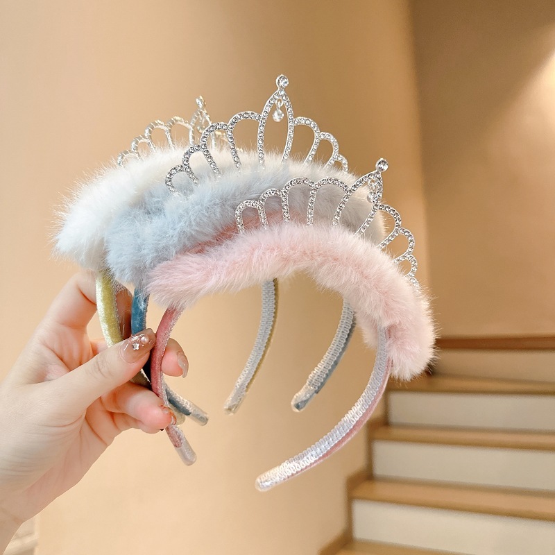 Korean new temperament crown rhinestone headband autumn and winter plush and cute cartoon face wash headband little princess hairpin