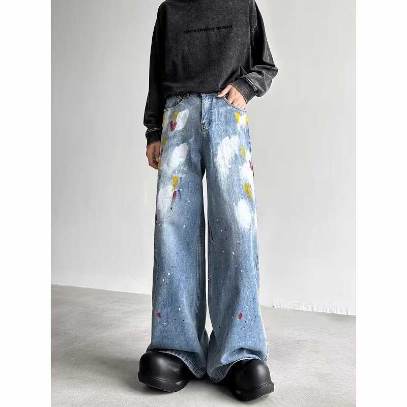 Niche design graffiti loose straight mid-rise jeans for men