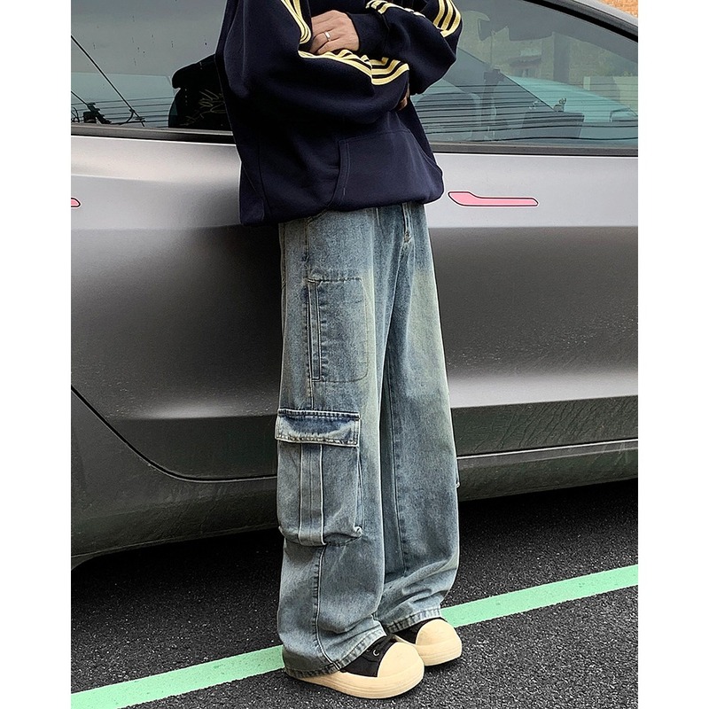 American washed large pocket work jeans trendy brand loose casual versatile straight pants