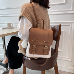 New style small fresh leather backpack women's fashionable color matching small backpack student college style motorcycle school bag