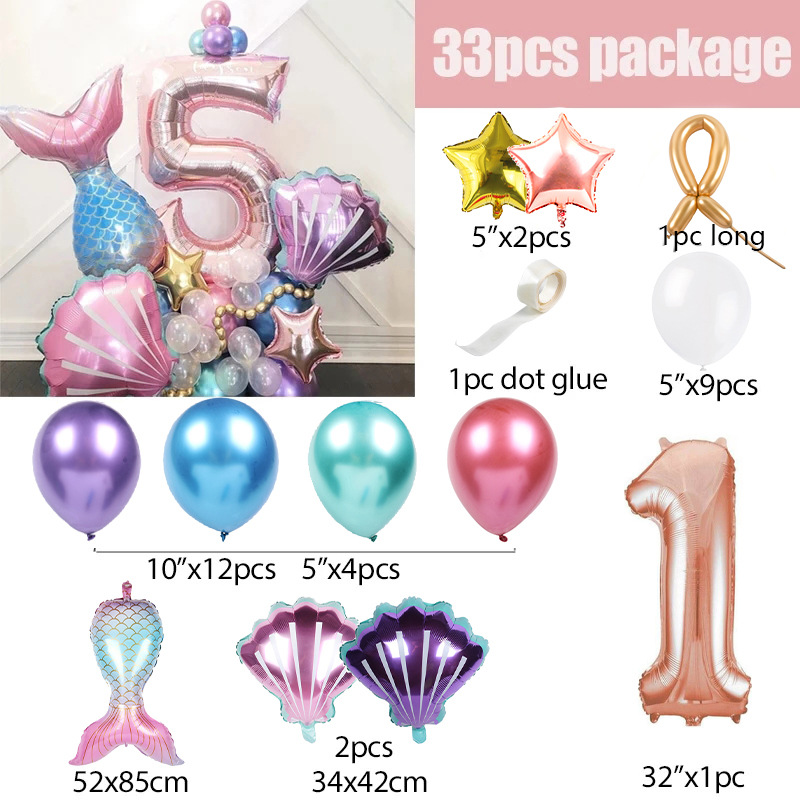 Cross-border 32-inch digital mermaid balloon girl birthday party decoration shell aluminum foil balloon strip set