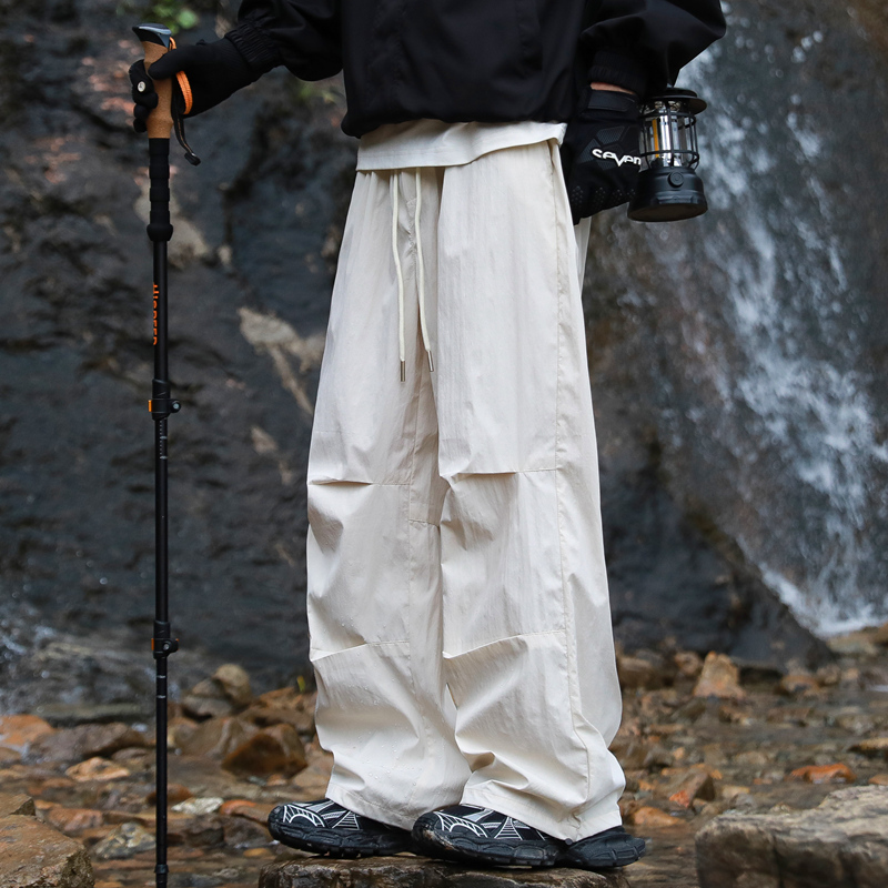 Trendy workwear men's paratrooper pants autumn loose pleated elastic casual pants