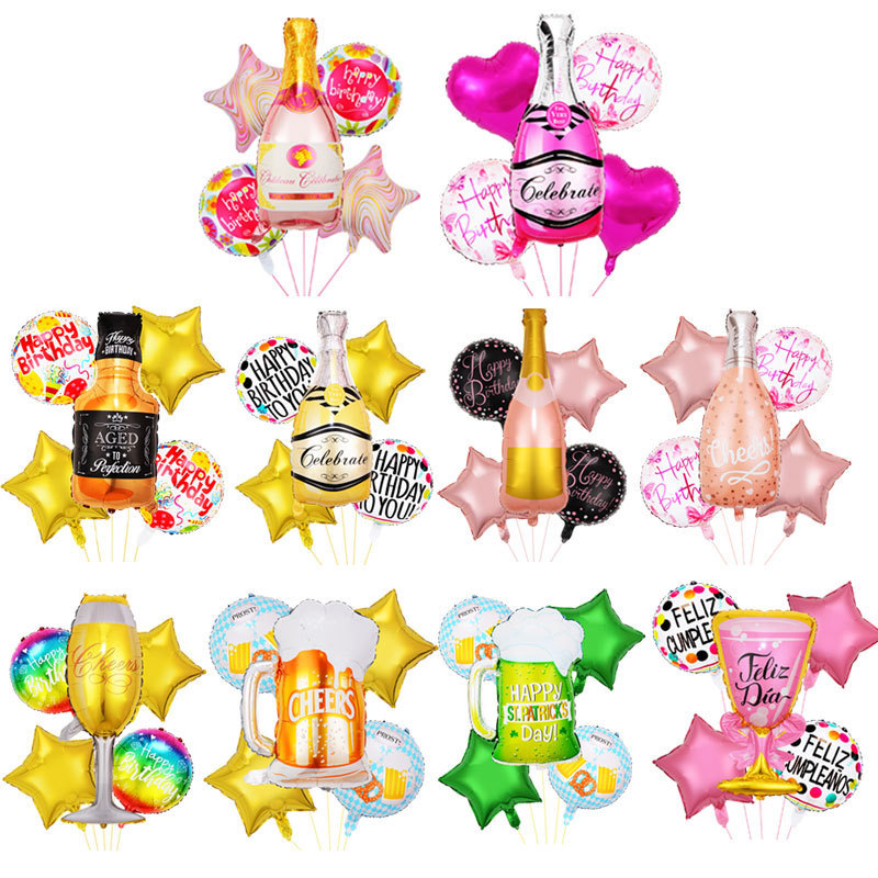 Champagne bottle five-piece set aluminum film balloon birthday party party decoration decoration wine bottle balloon small set
