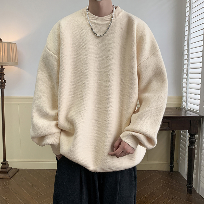 Hong Kong style autumn and winter solid color pullover round neck sweater men's trendy loose sweater sweater