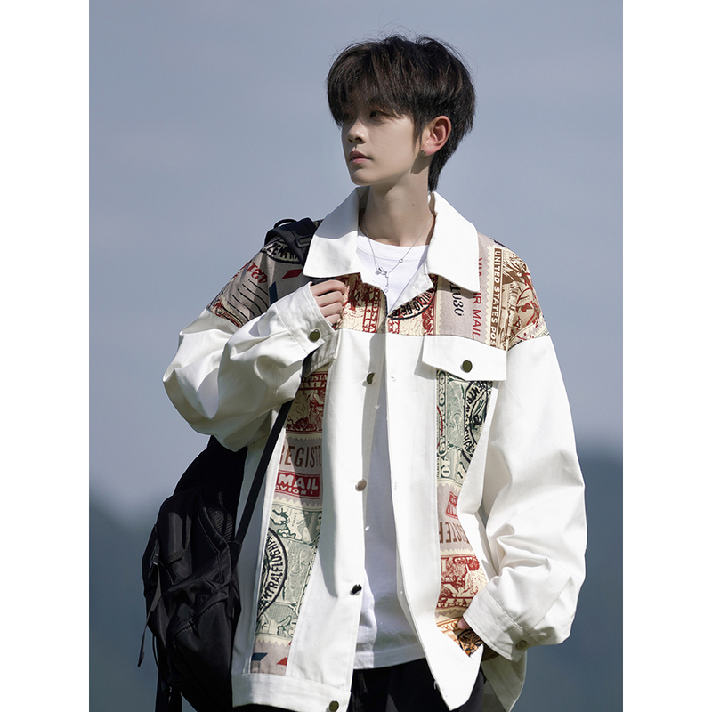Autumn American trendy brand patchwork lapel work jacket loose baseball jacket