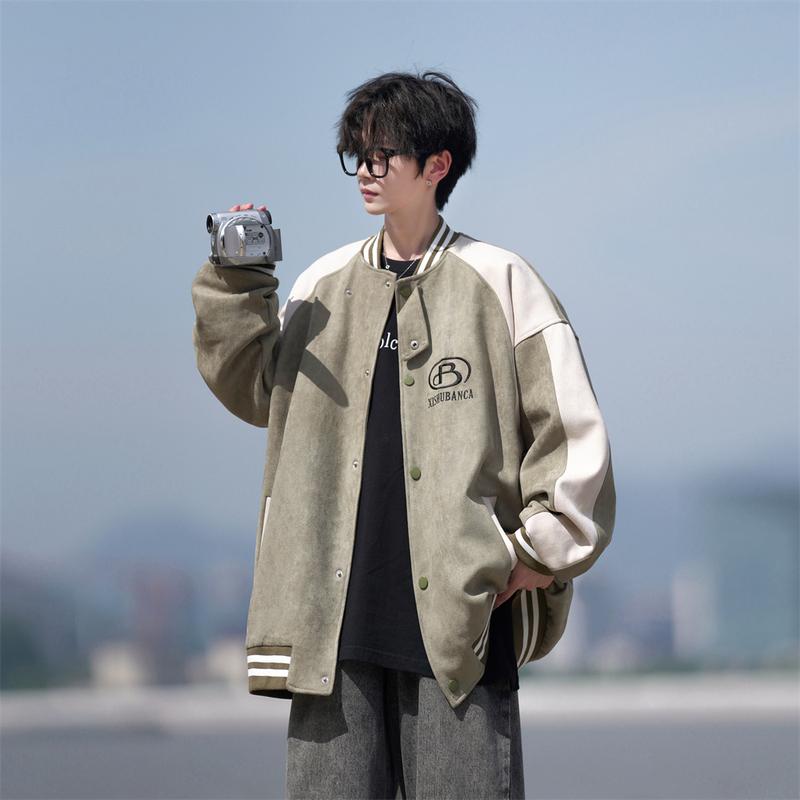 Camera Hong Kong style splicing large size loose casual baseball uniform jacket jacket for boys and girls