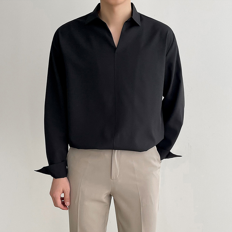 Autumn Korean men's loose and versatile v-neck solid color long-sleeved shirts, handsome and trendy shirts