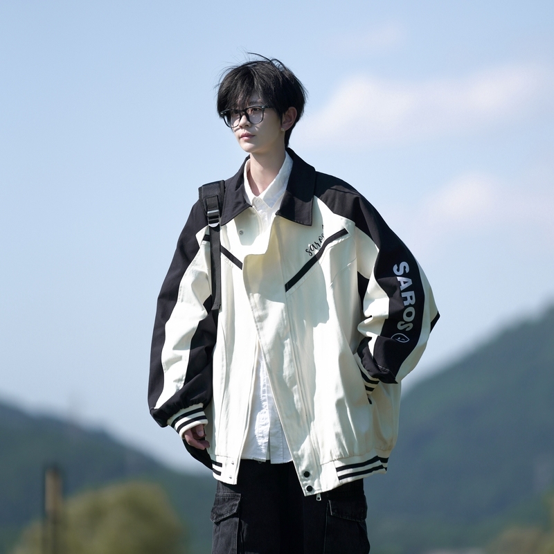 Camera photo contrasting color original Hong Kong style large size loose baseball jacket Hong Kong style jacket