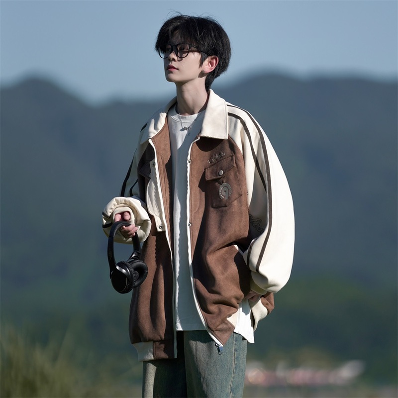 Camera Film Original Large Size Loose Hong Kong Style Spliced ​​Lapel Baseball Jacket