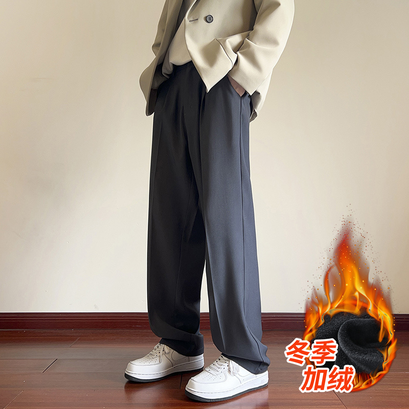 Hong Kong style winter velvet thickened casual pants for men, loose straight wide leg Korean style suit pants