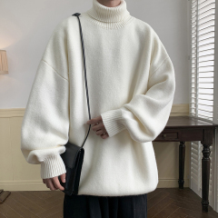 Solid color turn-down turtleneck sweater for men, loose white bottoming sweater