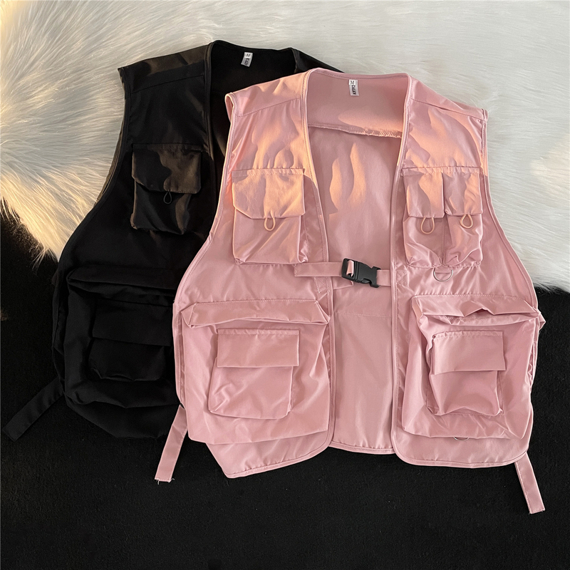 Multi-pocket simple casual solid color national fashion summer teenagers personalized functional vest bf work vest top