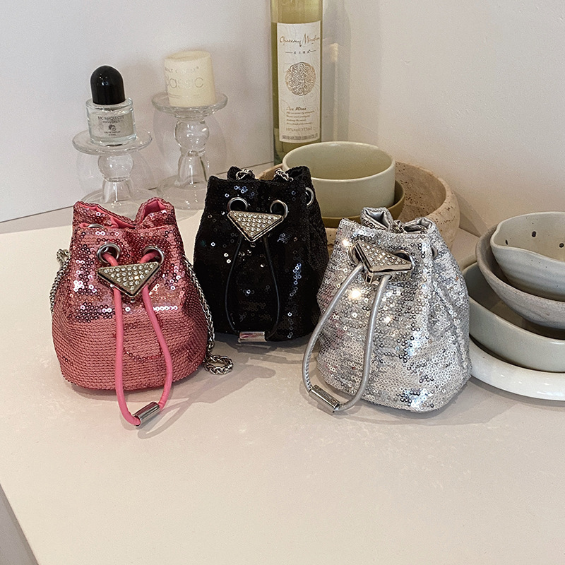 Sequin Bucket Bag Girls Small Bag 2024 Summer New Korean Style Shoulder Crossbody Chain Bag Children's Parent-child Bag