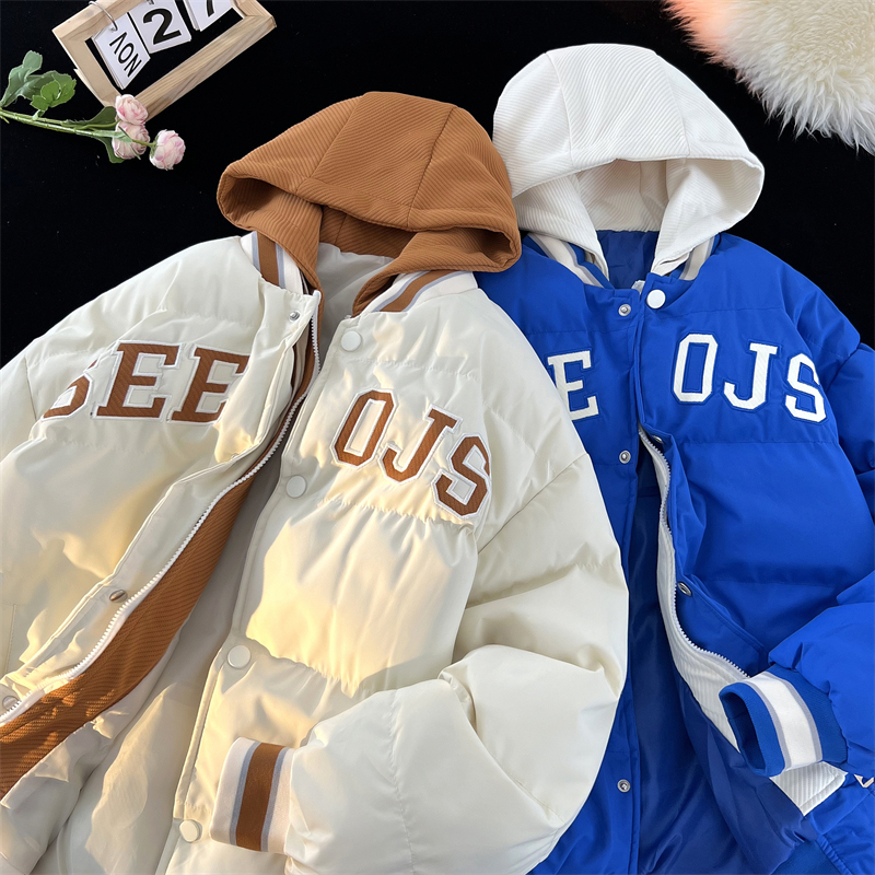 Hooded cotton coat, fake two-piece thickened cotton jacket, couple style versatile bread coat