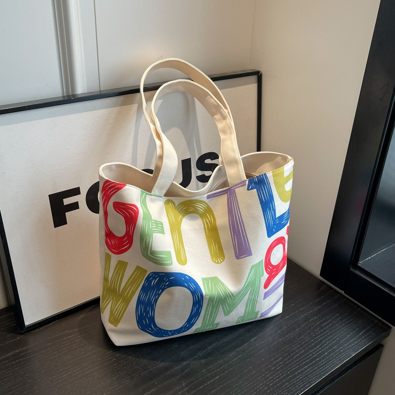 Letter printed canvas shoulder bag women's large capacity tote bag cute bear handbag mommy bag cross-border