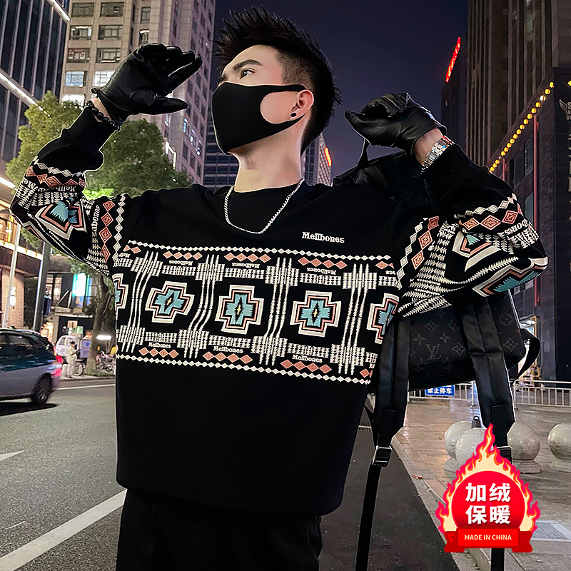 Ethnic style printed sweatshirt autumn and winter handsome men's warm and cold-proof top