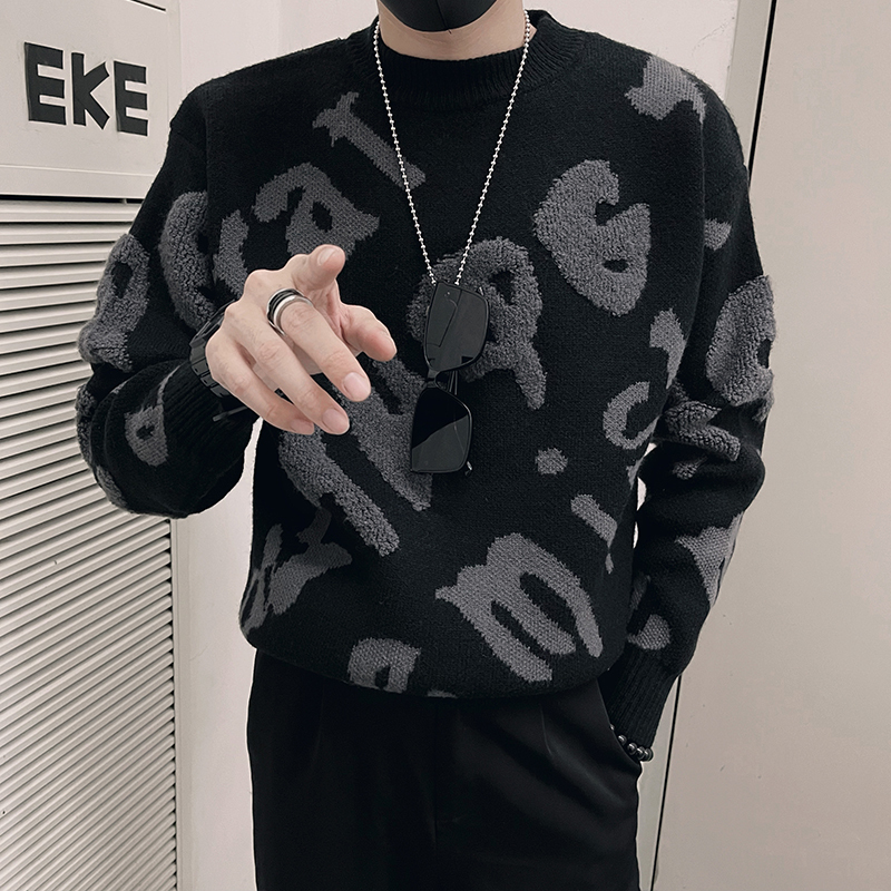 Thick trendy brand design letter autumn and winter warm knitted sweater for men shop owner style black 1
