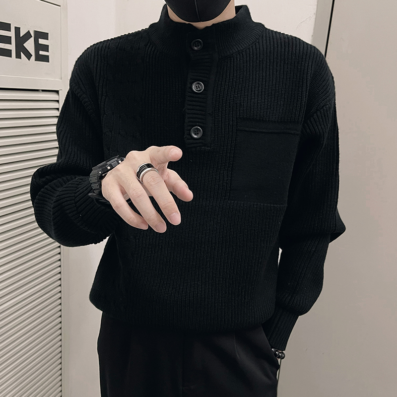 New Chinese style design Polo collar fake pocket knitted autumn and winter warm sweater for men black