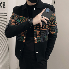 Spring design sense color block lapel handsome knitted sweater cardigan jacket social boy