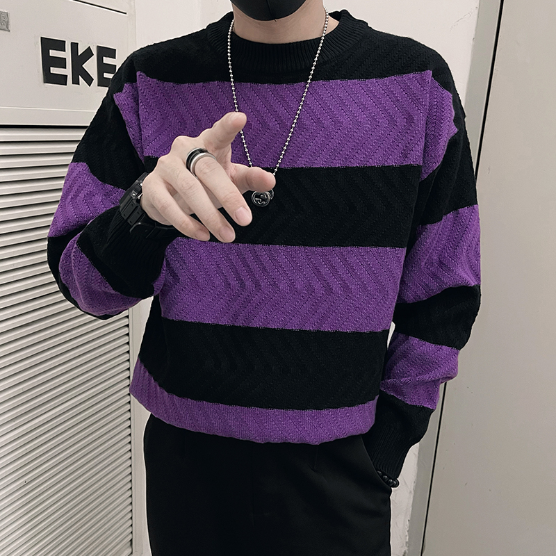 Trendy brand design texture thick stripe contrasting knitted autumn and winter warm sweater for men purple 1