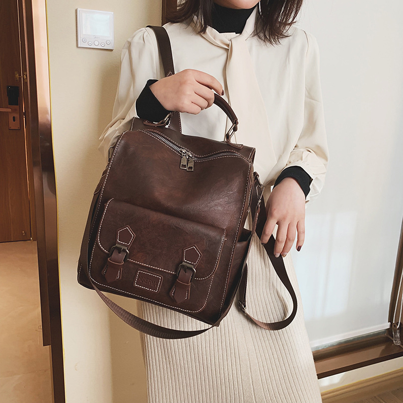 Foreign trade soft leather backpack, retro clamshell backpack, large capacity shoulder bag, three-way handbag, spot direct sale