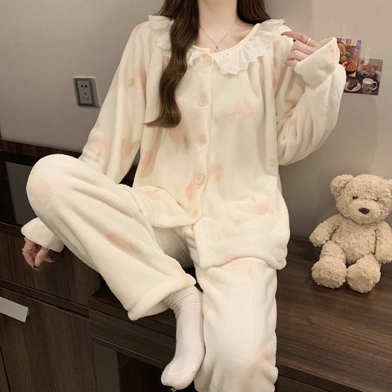 Peach pajamas women's coral velvet thickened sweet long-sleeved lace suit winter college style flannel home clothes