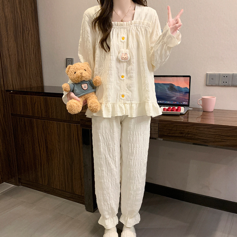 Cross-border pajamas for women with breast pads, spring and autumn thin cloud cotton long-sleeved Japanese style sweet girl home wear set