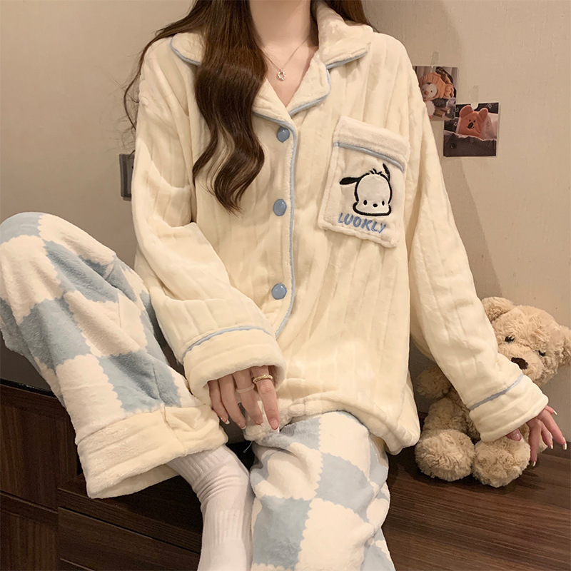 Coral velvet pajamas for women autumn and winter plus velvet and thickened 2024 new dopamine long-sleeved cardigan home wear set