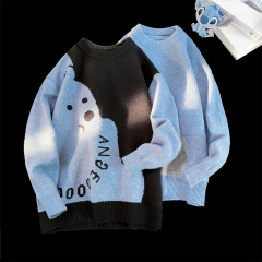Retro high street fun bear jacquard couple sweater men's lazy style round neck sweater