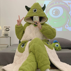 Big Eyes Three-layer Cotton Pajamas Women's Coral Fleece Winter Hooded Cotton Jacket Thickened Cute Cartoon Home Clothing Set