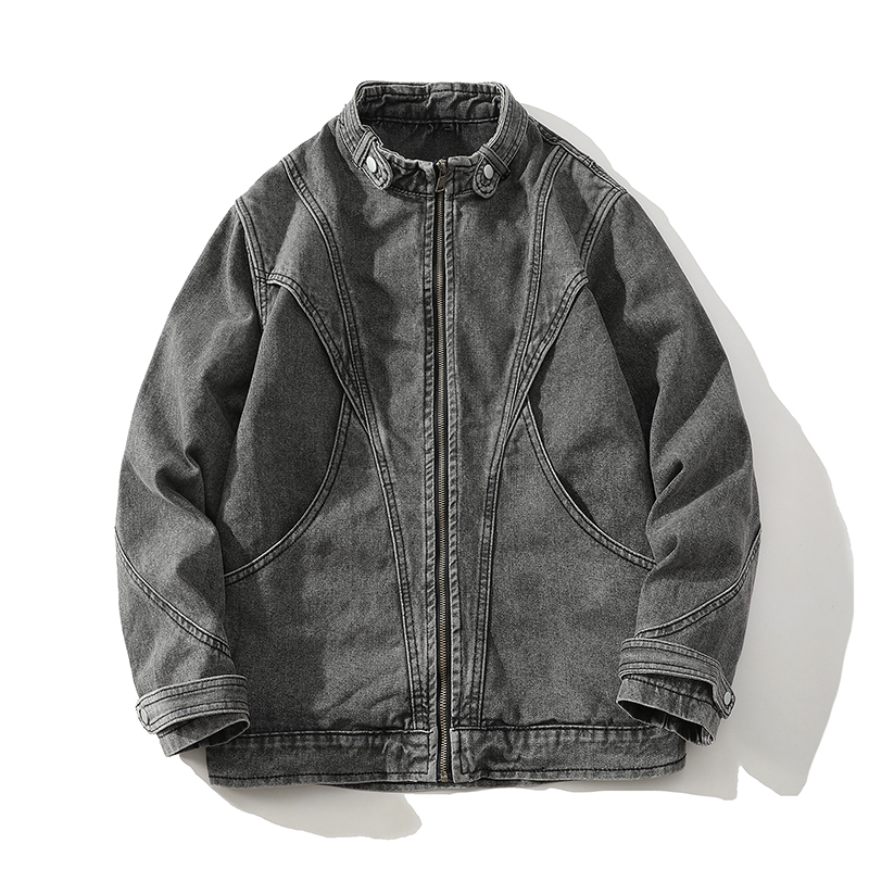 Autumn couple's cotton washed retro stand collar design denim jacket for men