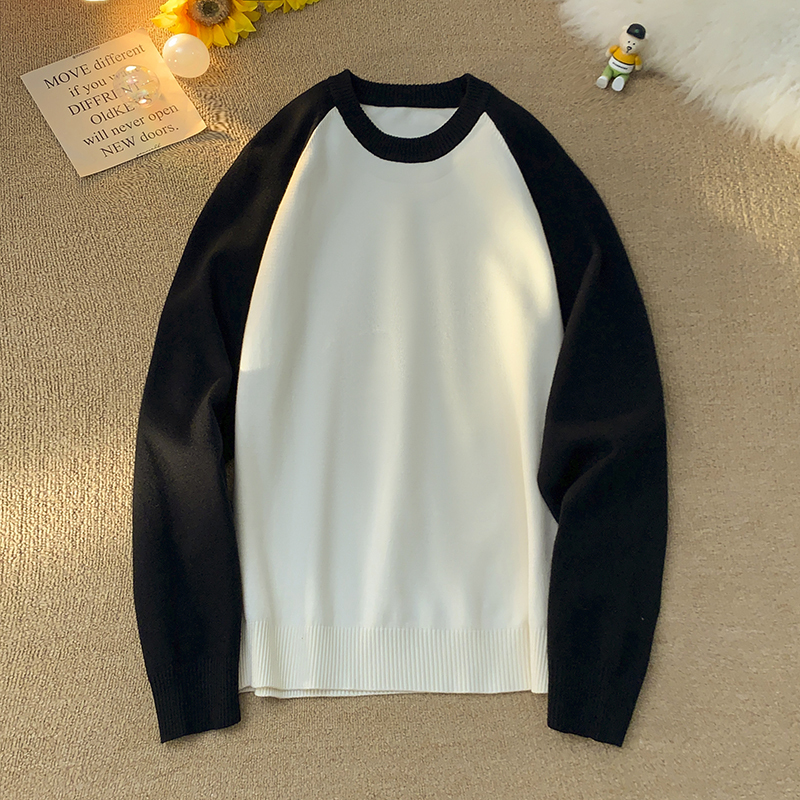 Black and white stitching small collar sweater men's winter thickened raglan sleeve sweater top jacket