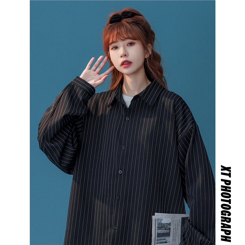 Neutral autumn Korean style loose striped long-sleeved shirt trendy black