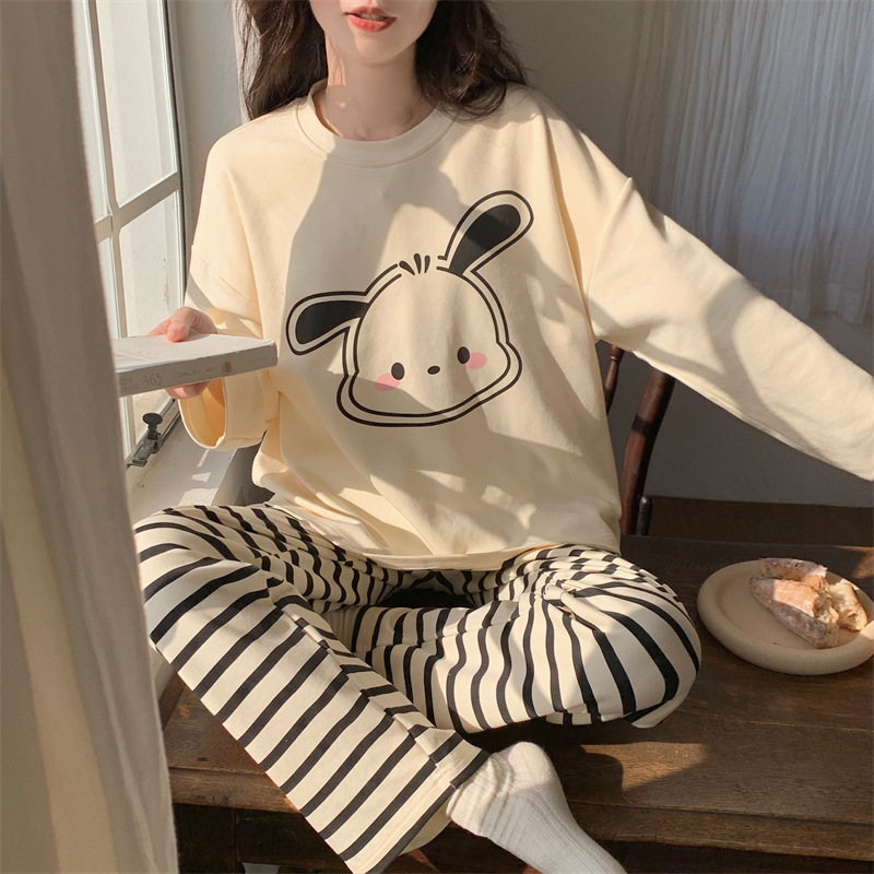 Pajamas for women spring and autumn long-sleeved and thin 2024 new cartoon cute autumn girls can wear home clothes set