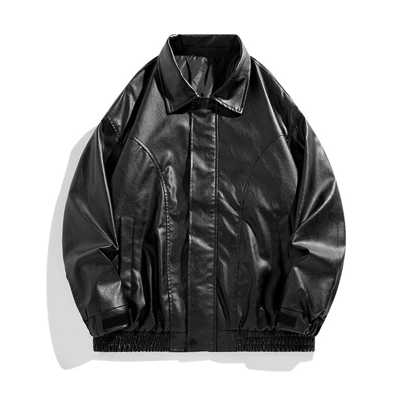 Black PU leather baseball uniform spring and autumn jacket casual loose top