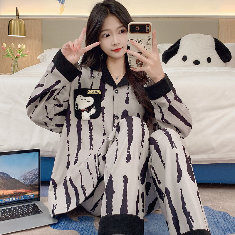 DeRong Pajamas Women's Autumn and Winter New Thickened Long Sleeves Cute Cartoon Winter Warm Home Clothes Set Can Be Weared Outside
