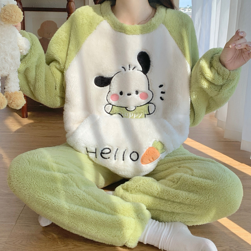 Coral velvet pajamas for women in autumn and winter thickened and velvet warm cartoon cute flannel plus size home wear set