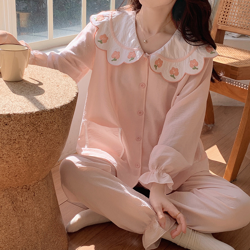 Sweet casual solid color doll collar suit women's pajamas cardigan home wear