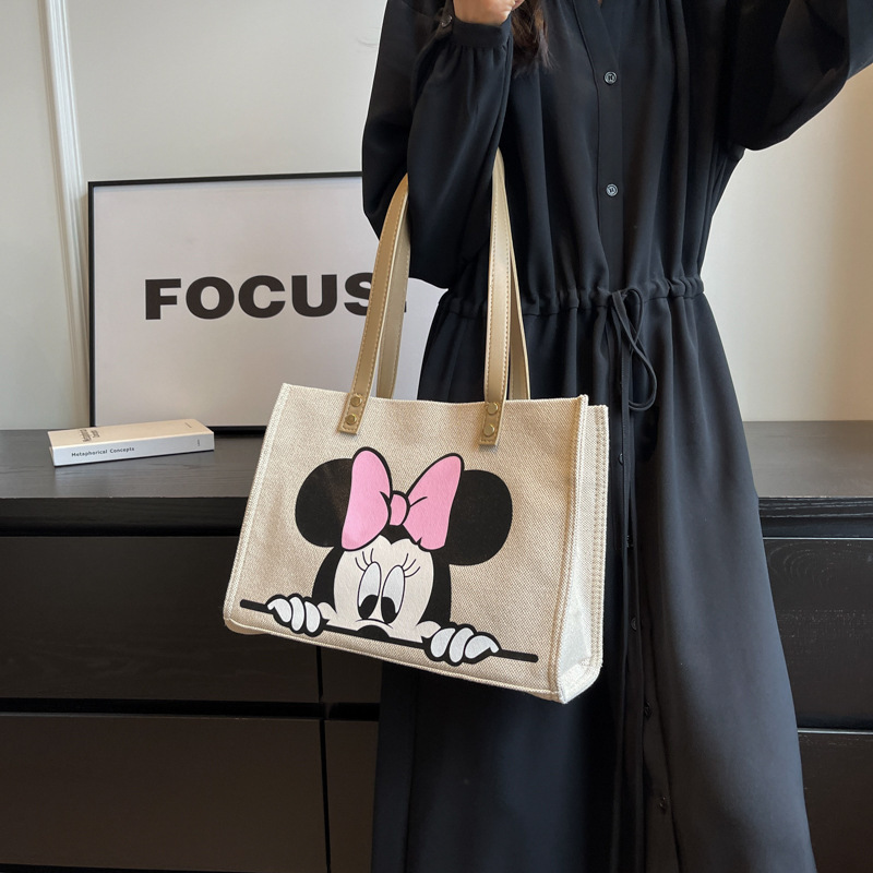 Canvas bag for women, large capacity, new cartoon cute hand-held shopping bag, shoulder bag, student class tote bag