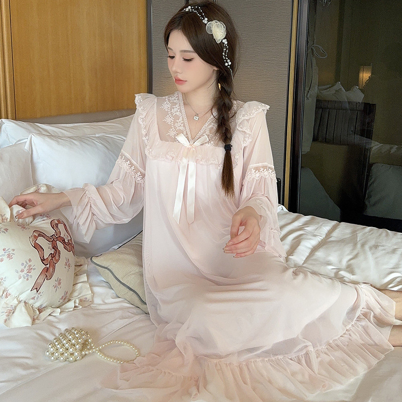 Linglei spring and autumn solid color V-neck lace bow mesh palace princess style mid-length nightgown pajamas home wear