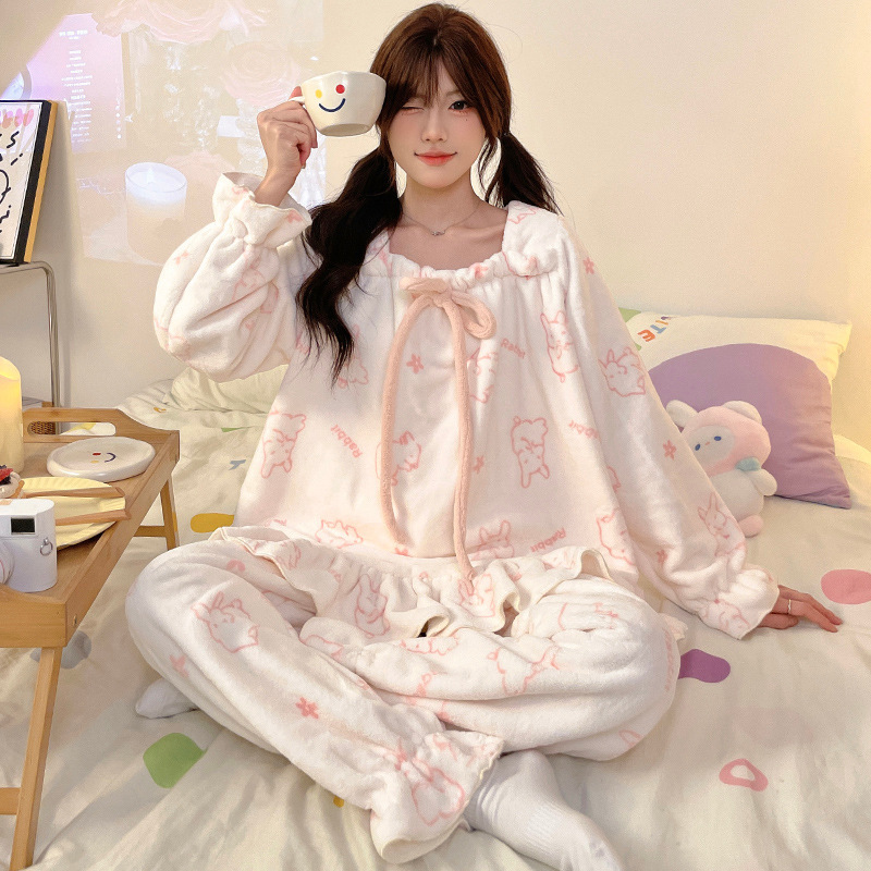 Flannel pajamas for women winter new long-sleeved suit sweet princess style thickened warm coral velvet home clothes