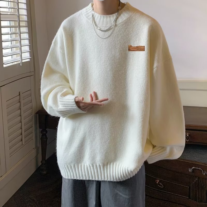 Men's crew neck sweater thickened in winter, lazy, high-end, trendy brand loose knitted sweater