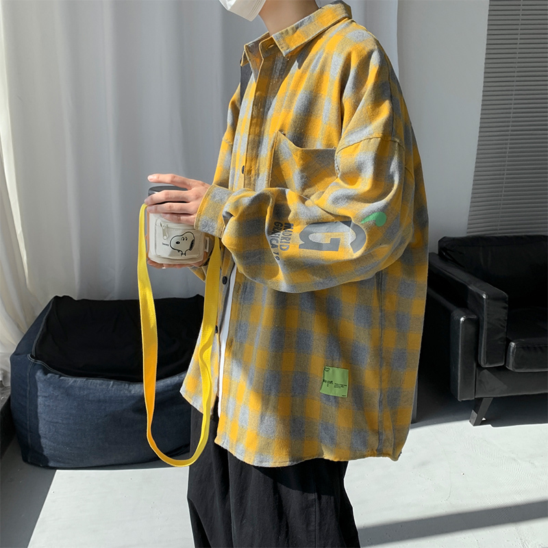 Spring and Autumn Hong Kong style men's youth plaid long-sleeved shirt fashionable versatile jacket for men