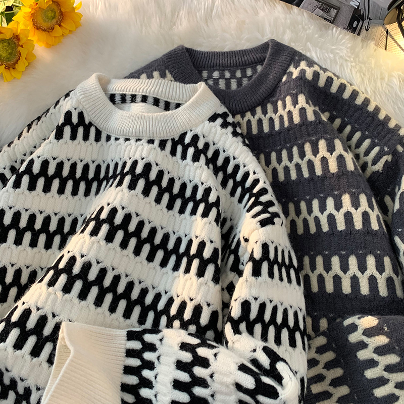 Patterned sweater men's winter Hong Kong fashion brand retro sweater casual versatile round neck sweater
