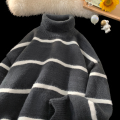 Hong Kong style blanket, winter striped turtleneck sweater, men's trendy loose pullover sweater, contrasting color sweater