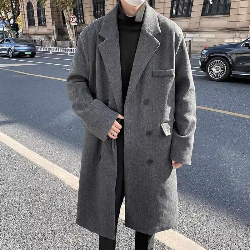 Winter woolen coat men's mid-length over-the-knee suit collar double-breasted woolen windbreaker jacket