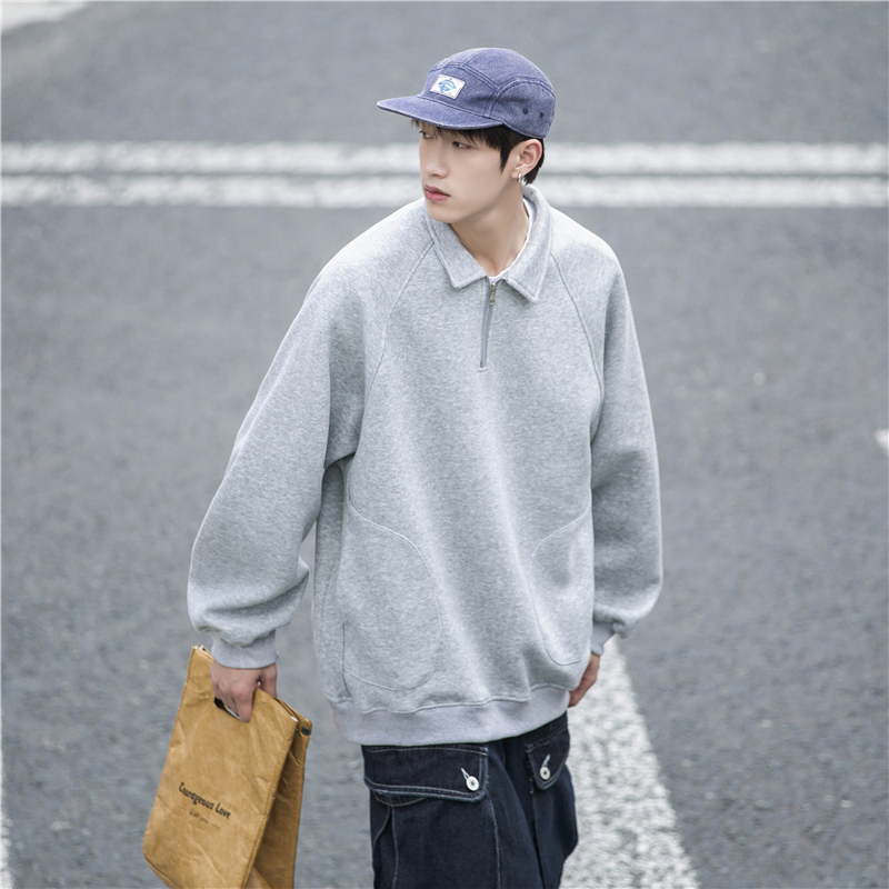 High street American style 440g POLO collar zipper solid color sweatshirt, autumn and winter men's cotton jacket
