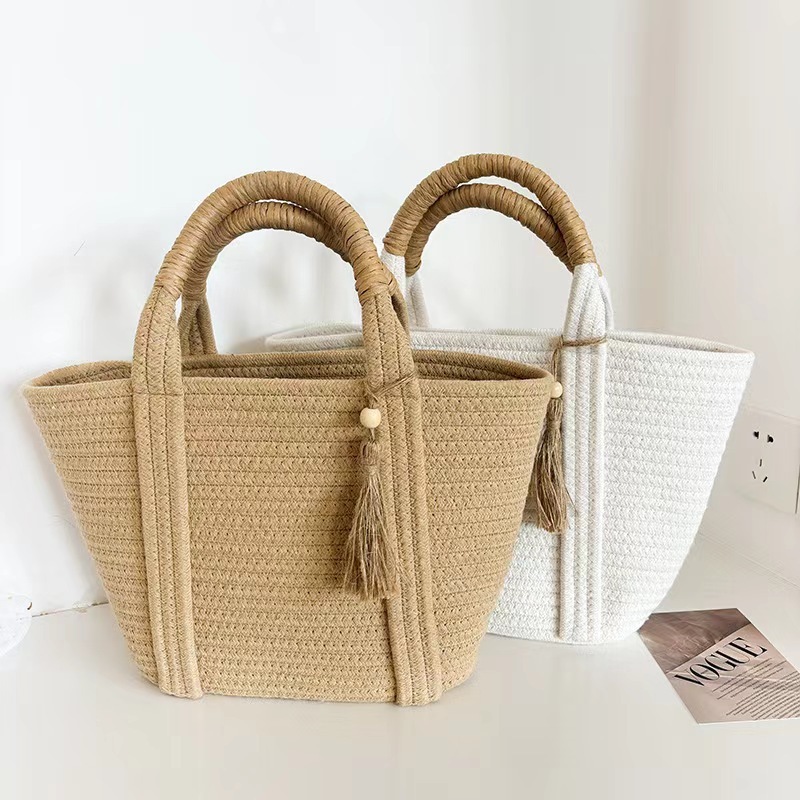 2024 winter new INS beaded tassel cotton rope women's bag curved needle craft straw bag simple and elegant