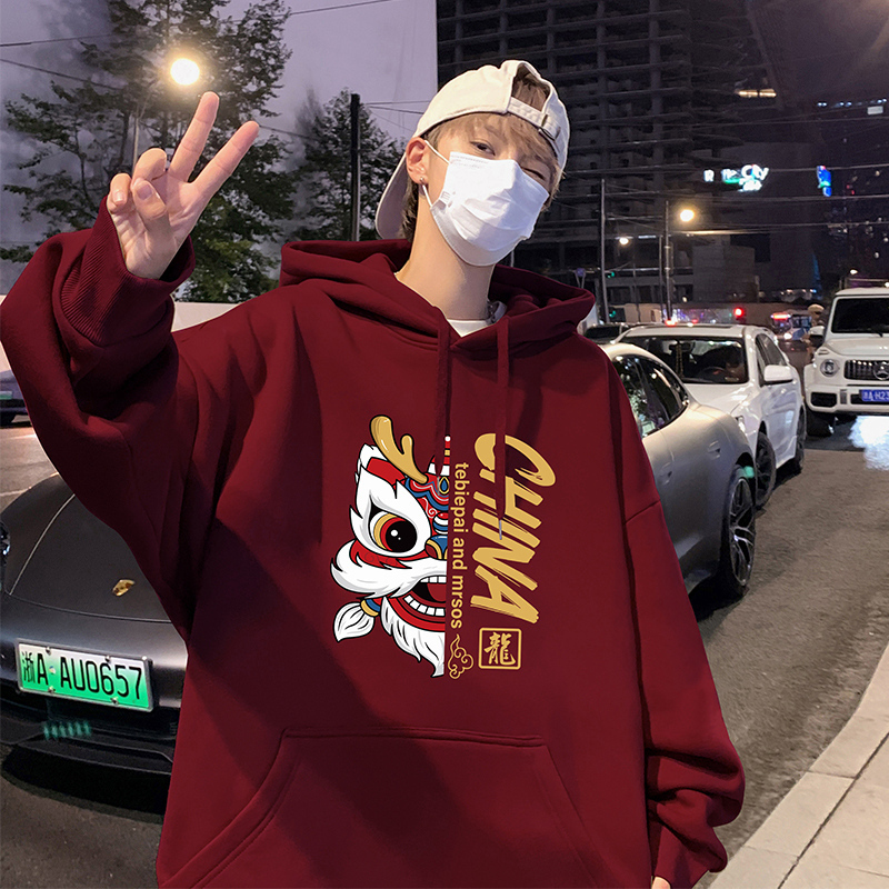 Autumn and winter sweatshirt plus velvet thickened hooded sports hoodie lion print cotton sweatshirt