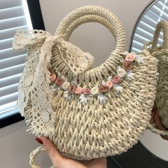 Small fresh flower woven bag 2024 new seaside vacation beach shoulder bag portable straw vegetable basket bag